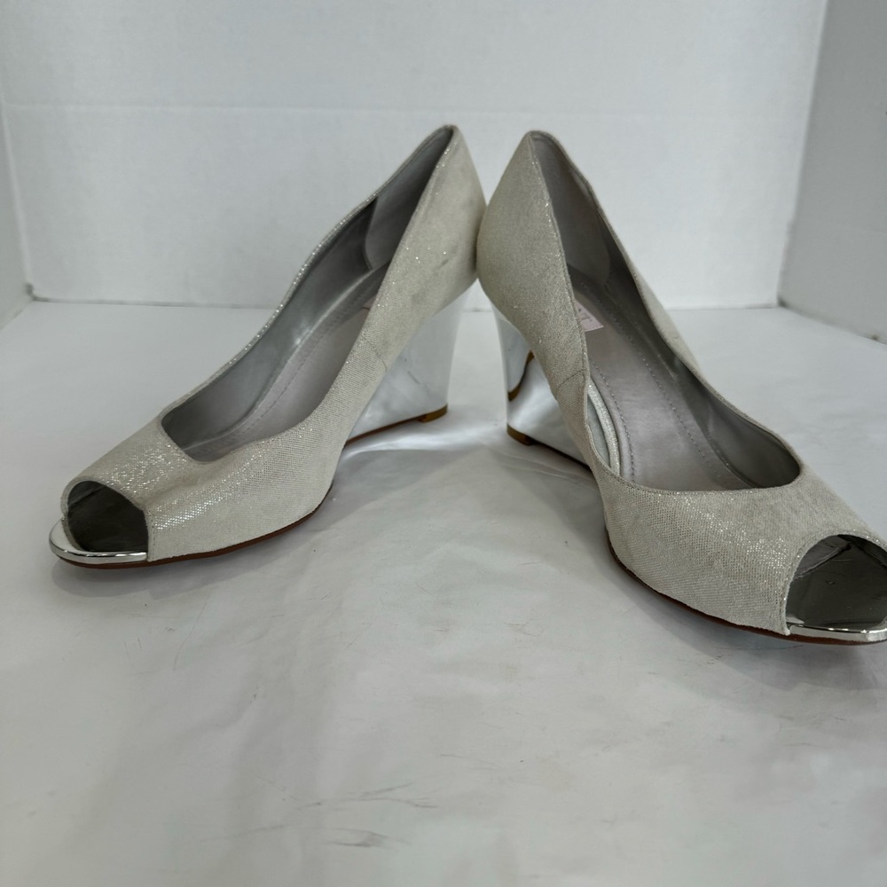 GLINT silver heels with open toe and wedge heel Size 11 Silver metallic material